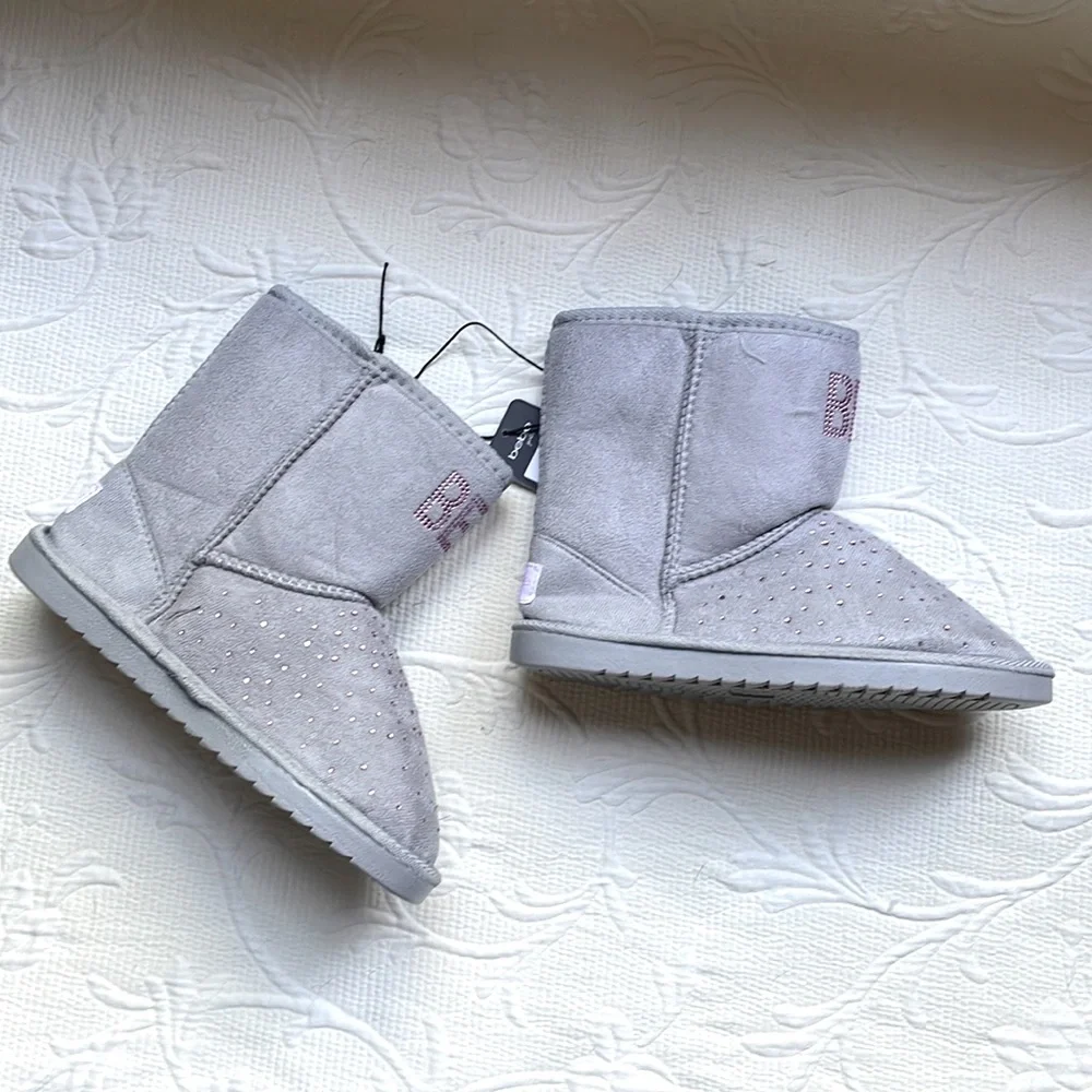 Bebe Rhinestone Logo Faux Fur Gray Microsuede Lined Pull-On Boot
